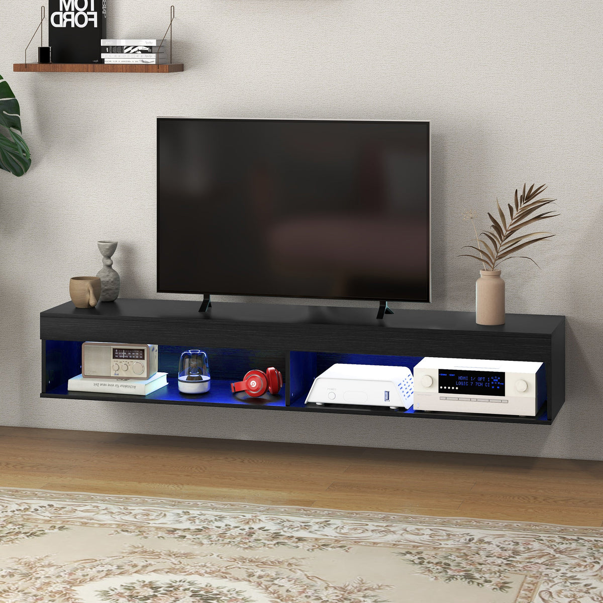 Meuble TV mural moderne Lane avec rangement et lumières LED - Noir