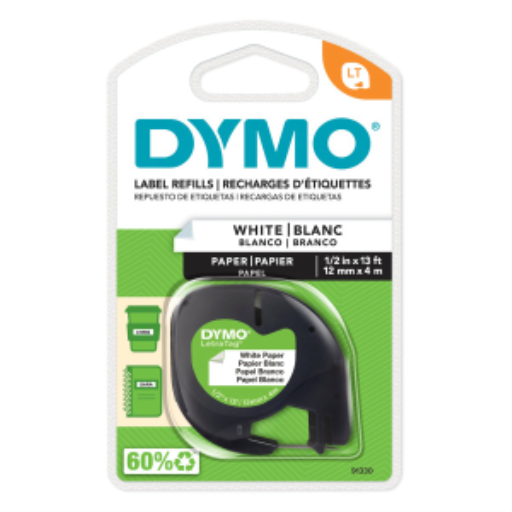 Étiquettes papier DYMO LT pour étiqueteuses LetraTag, impression noire sur étiquettes blanches, rouleau de 12 mm x 4 m
