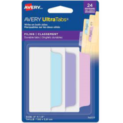 Onglets de classement UltraTabs, Couleurs pastel, Lavande, Bleu clair, Rose, Paquet de 24