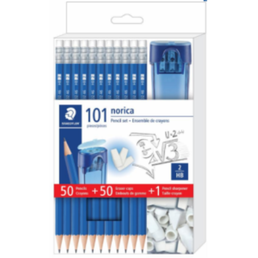 Lot de 50 crayons Norica, crayons graphite HB #2 de qualité supérieure, 50 capuchons gommes, 1 taille-crayon double trou avec réservoir