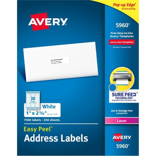 5960 WHITE, EASY PEEL, 2 5/8" X 1", PERMANENT, 250 SHEETS/B