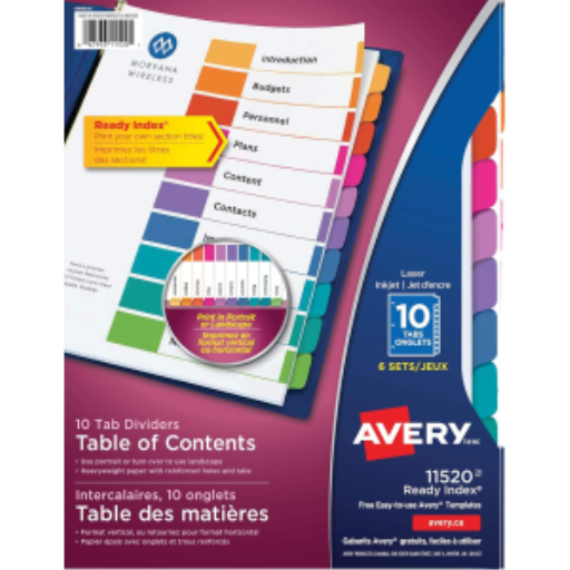 CHEMISE PRÉDÉCOUPÉE POUR TABLE DES MATIÈRES, 10 INTERCALAIRES, 6 ENSEMBLES