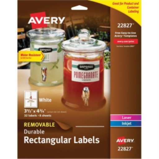 22827 WHITE DURABLE RECTANGULAR LABELS, 4 3/4" X 3 1/2", 8 S