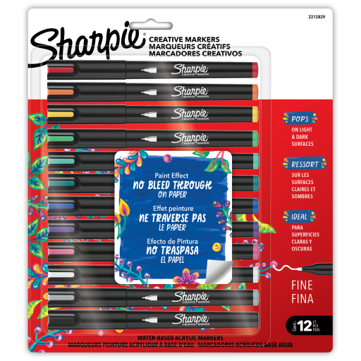 Marqueurs créatifs Sharpie, marqueurs de peinture acrylique à base d'eau, pointe fine, assortis, 12 unités