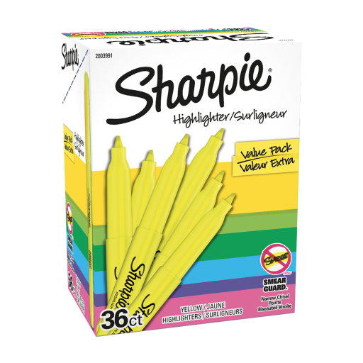 Surligneurs de poche Sharpie, pointe biseautée fine, jaune, lot de 36