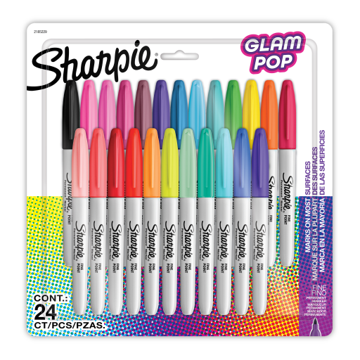 Marqueurs permanents Sharpie Glam Pop, pointe fine, couleurs assorties, lot de 24