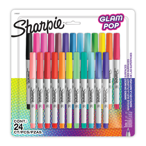 Marqueurs permanents Sharpie Glam Pop, pointe ultra-fine, couleurs assorties, paquet de 24