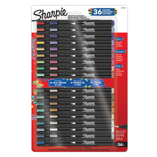 Sharpie Creative Markers, lot varié, marqueurs de peinture acrylique à base d'eau, pointe ogive, assortis, 36 unités