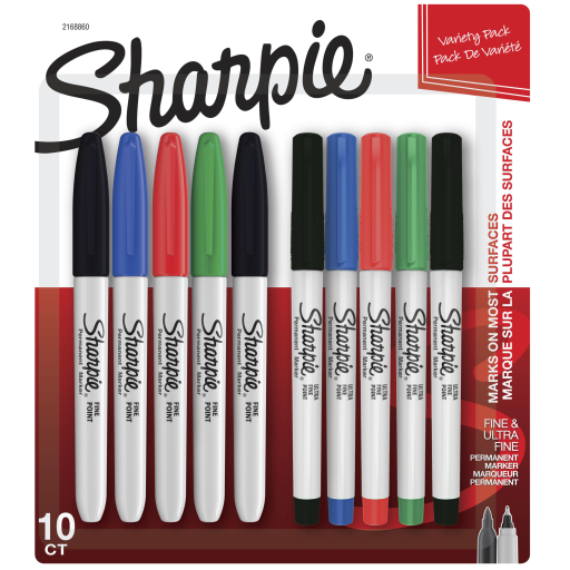 Marqueurs permanents Sharpie, pointes fines et extra-fines, assorties, paquet de 10