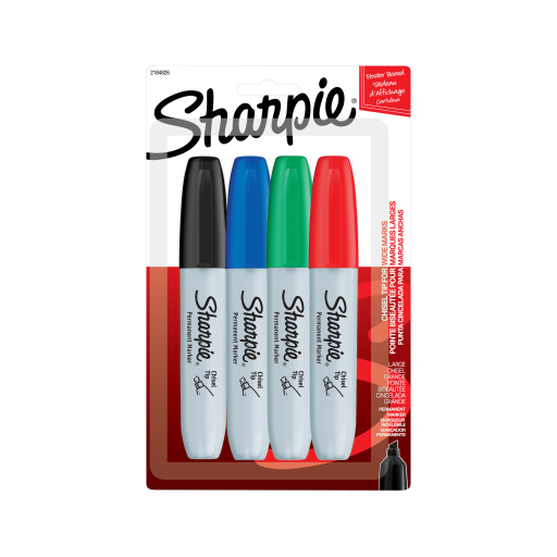 Marqueurs permanents Sharpie, pointe biseautée, couleurs assorties, paquet de 4