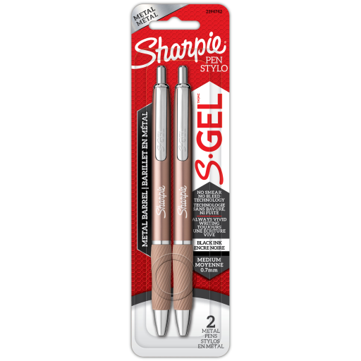 Sharpie S-Gel, stylos gel, corps métallique élégant, corps couleur champagne, pointe moyenne (0,7 mm), encre noire, paquet de 2