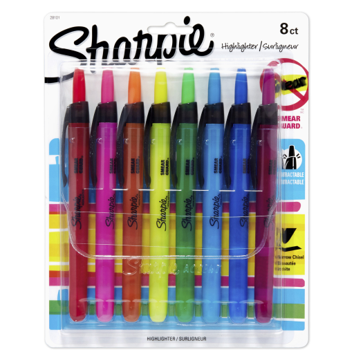 Surligneurs rétractables Sharpie, pointe biseautée, couleurs assorties, paquet de 8