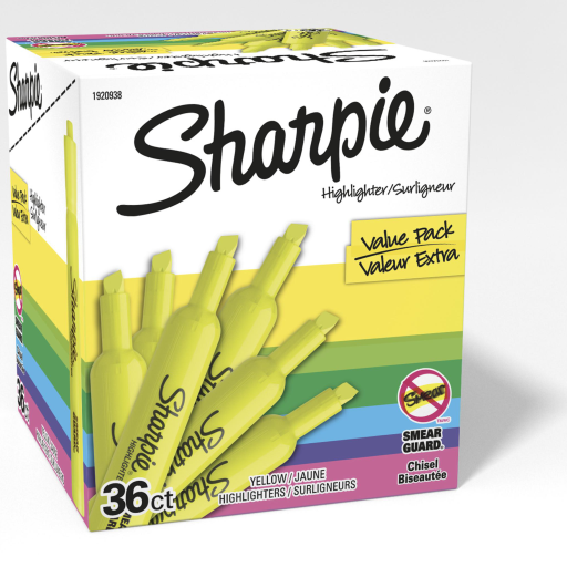 Surligneurs Sharpie Tank, pointe biseautée, jaune, paquet de 36