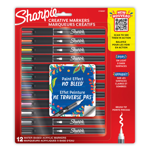Marqueurs Créatifs Sharpie, Marqueurs Acryliques à Base d'Eau, Pointe Pinceau, Couleurs Assorties, Paquet de 12