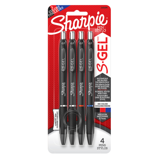 Sharpie S-Gel, stylos gel, pointe moyenne (0,7 mm), couleurs assorties, paquet de 4