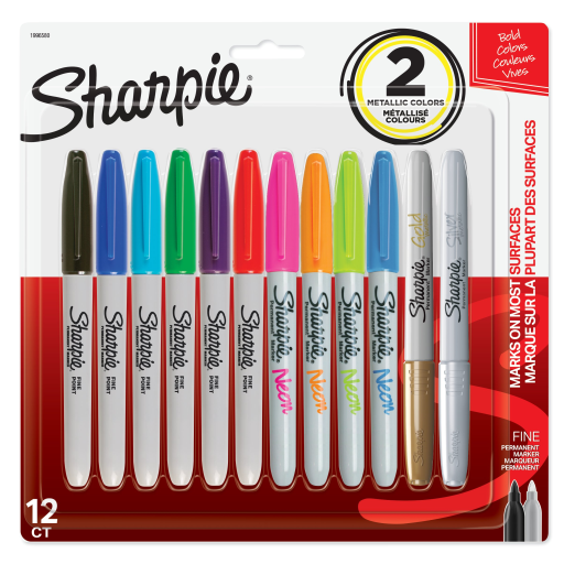 Marqueurs permanents Sharpie, Pointe Fine, Couleurs Assorties, Paquet de 12