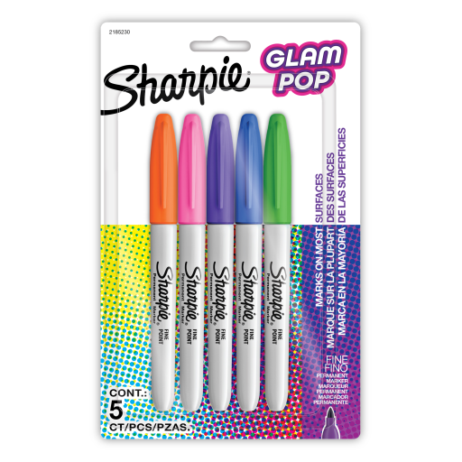 Marqueurs permanents Sharpie Glam Pop, pointe fine, couleurs assorties, paquet de 5