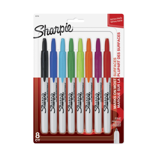 Marqueurs permanents rétractables Sharpie, pointe fine, couleurs assorties, paquet de 8