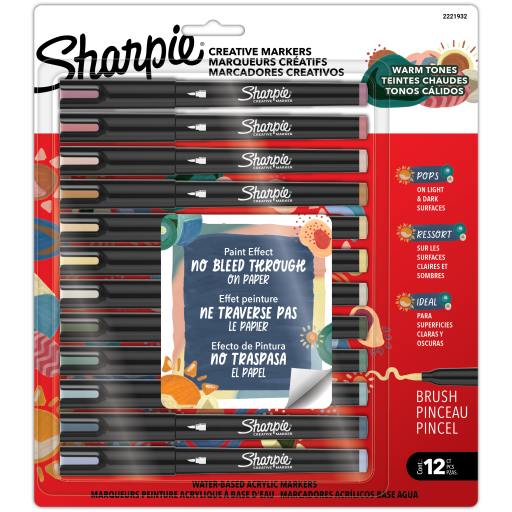 Marqueurs créatifs Sharpie, tons chauds, marqueurs acryliques à base d'eau, pointe fine, couleurs assorties, lot de 12