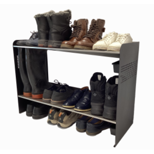 (CUSMA form attached) Rakabot Signature 2 tier chic and classy water and mud collecting shoe and boot rack that stores 7 pairs. Stainless steel shelves. Powder coated mate black side panels. For a perfect entrance all year long. Made In Canada Invention.
