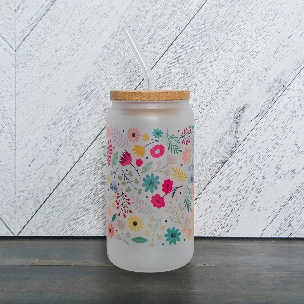 Gobelet givré Fleurs Ambiance Printanière avec Couvercle en Bambou