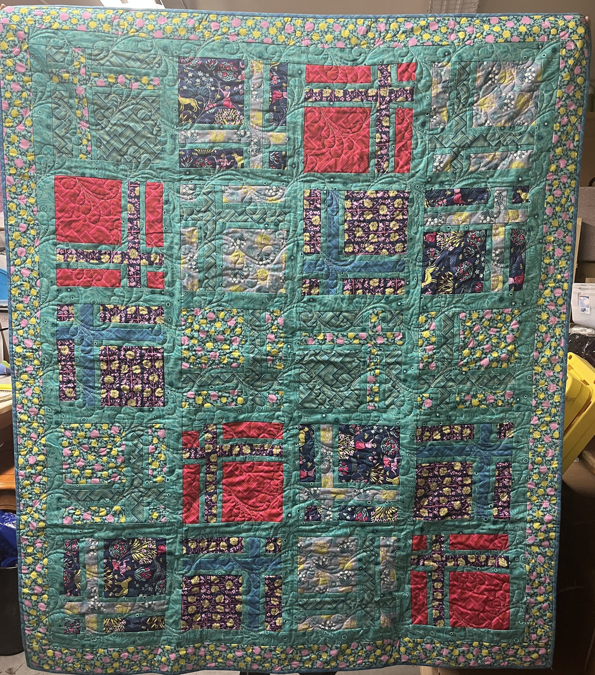Échantillon en magasin - Plaid en patchwork - Mélange sarcelle, rose, marine