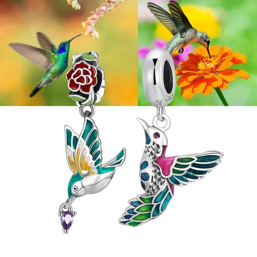 Charme printanier - Pendentif Fleur et Oiseau en Argent Sterling pour Bracelets
