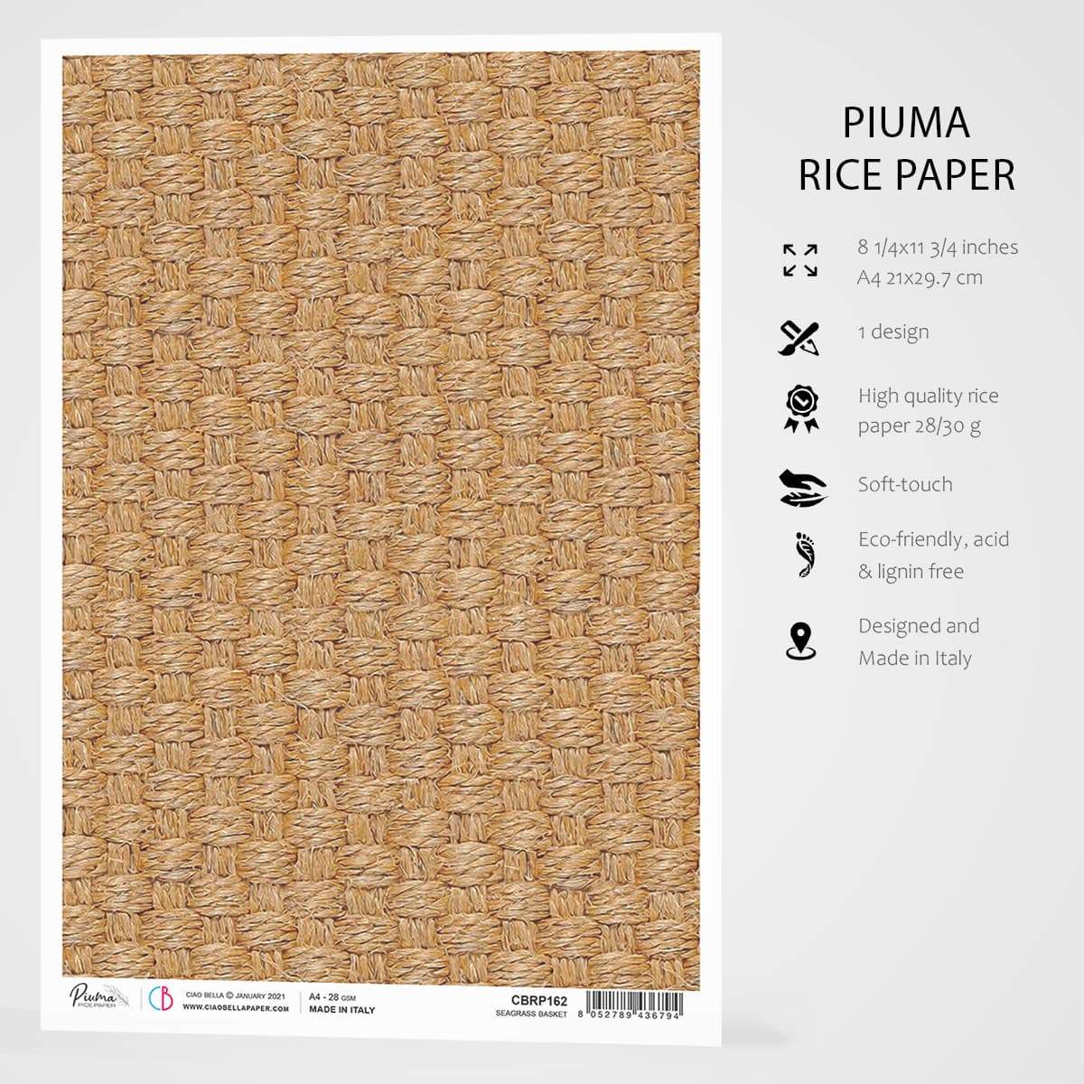 Ciao Bella Papier de Riz A4 Panier en Herbes Marines
