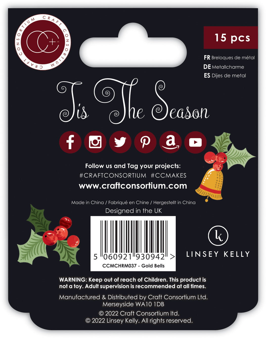 Craft Consortium Tis the Season - Breloques métalliques - Clochettes dorées