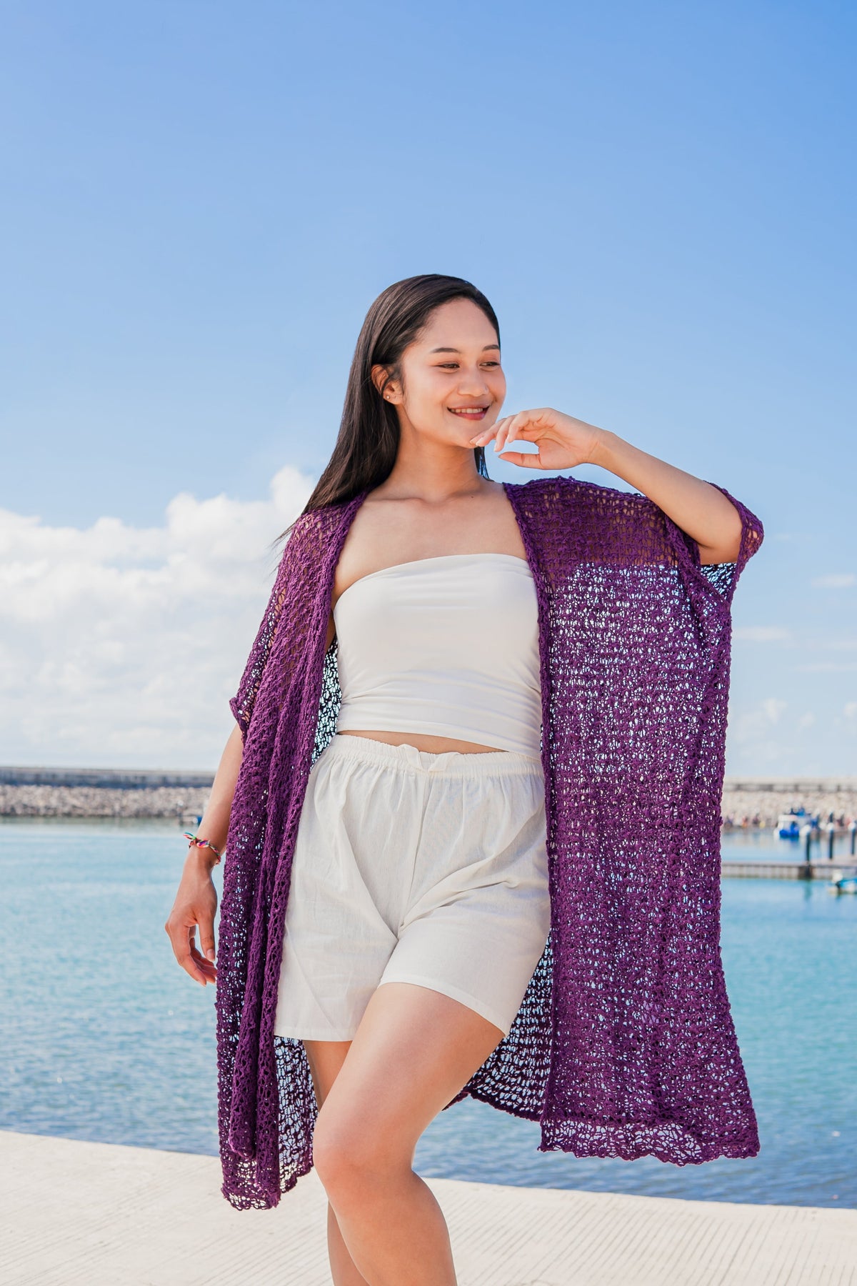 Kimono en tricot popcorn mi-long - Violet
