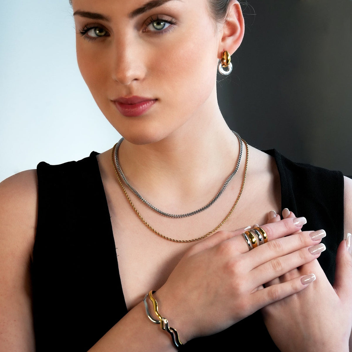 FILMORA : Boucles d'oreilles créoles géométriques-chic double anneau en métaux mélangés