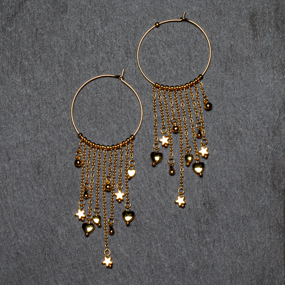 Boucles d'oreilles anneau et breloques plaqué or