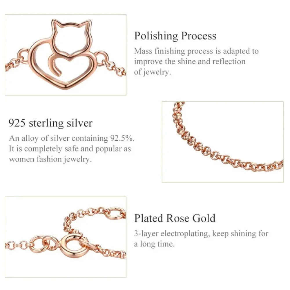 Bracelet Chaîne Cœur Chat en Argent Sterling 925