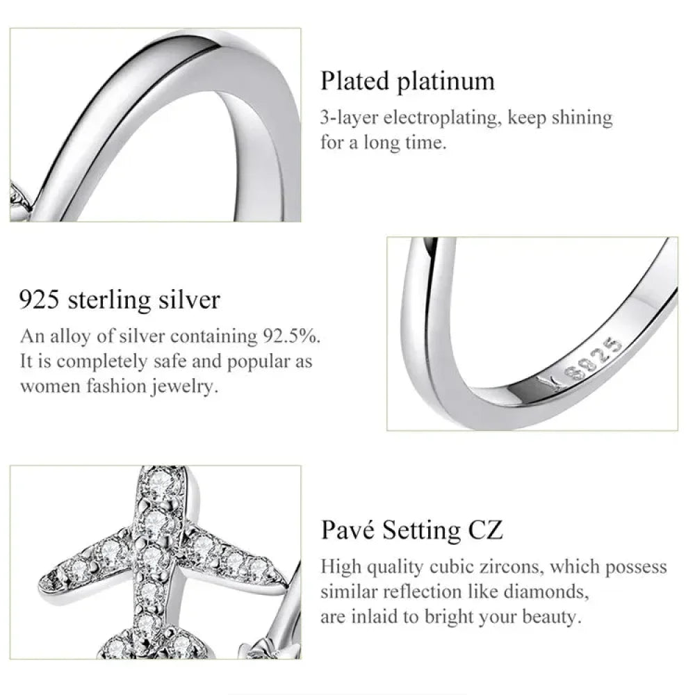 Bague ouverte en argent sterling 925 avec avion volant en zircone cubique