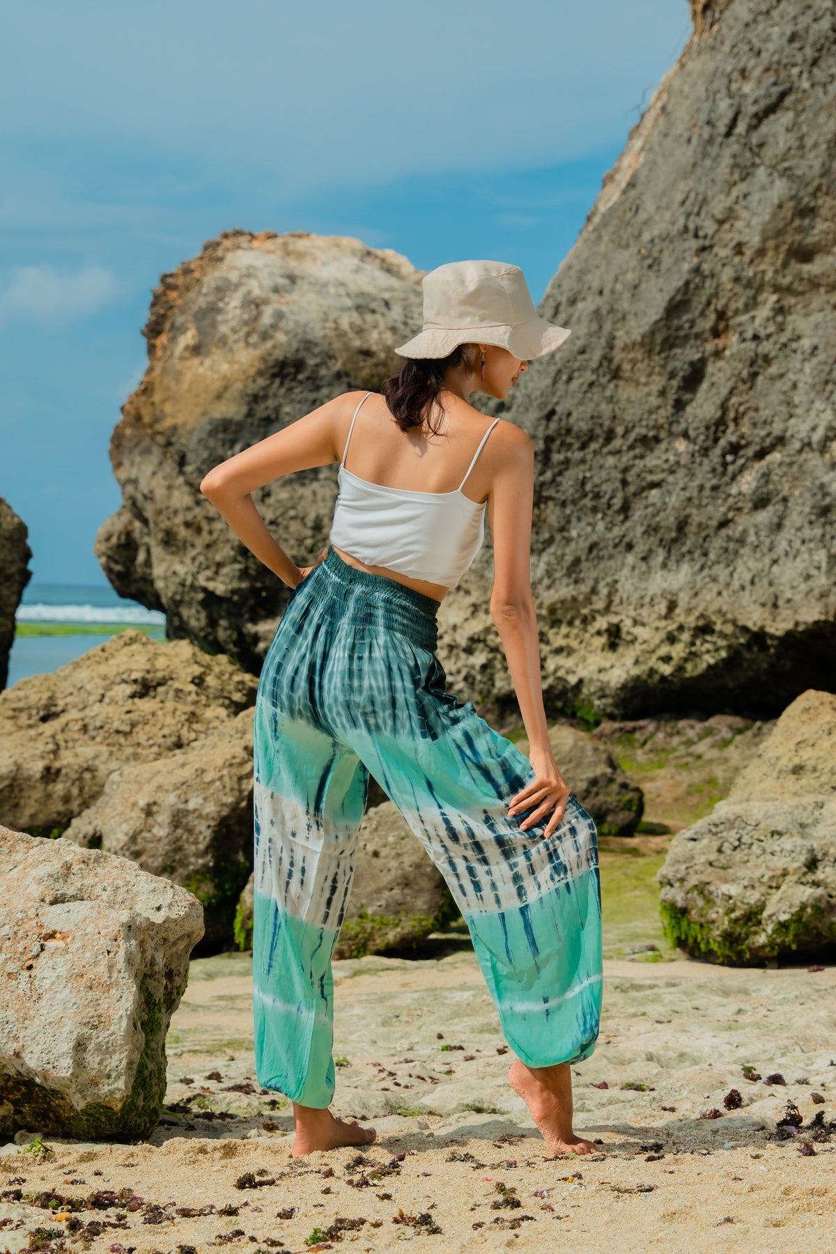 Pantalon Bali rayé tie-dye - Turquoise et gris