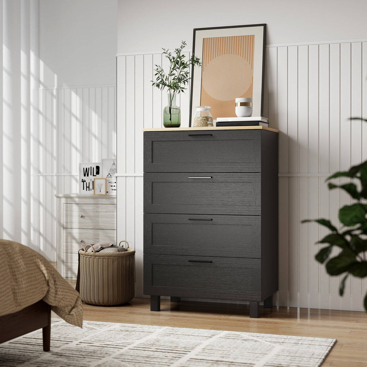 Commode Taylor pour Chambre à Coucher avec Pieds en Bois Massif - Noir