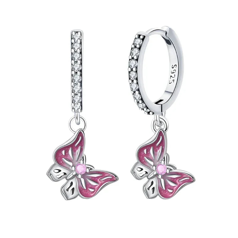 Boucles d'oreilles créoles en argent sterling avec papillons roses délicats et zircones cubiques
