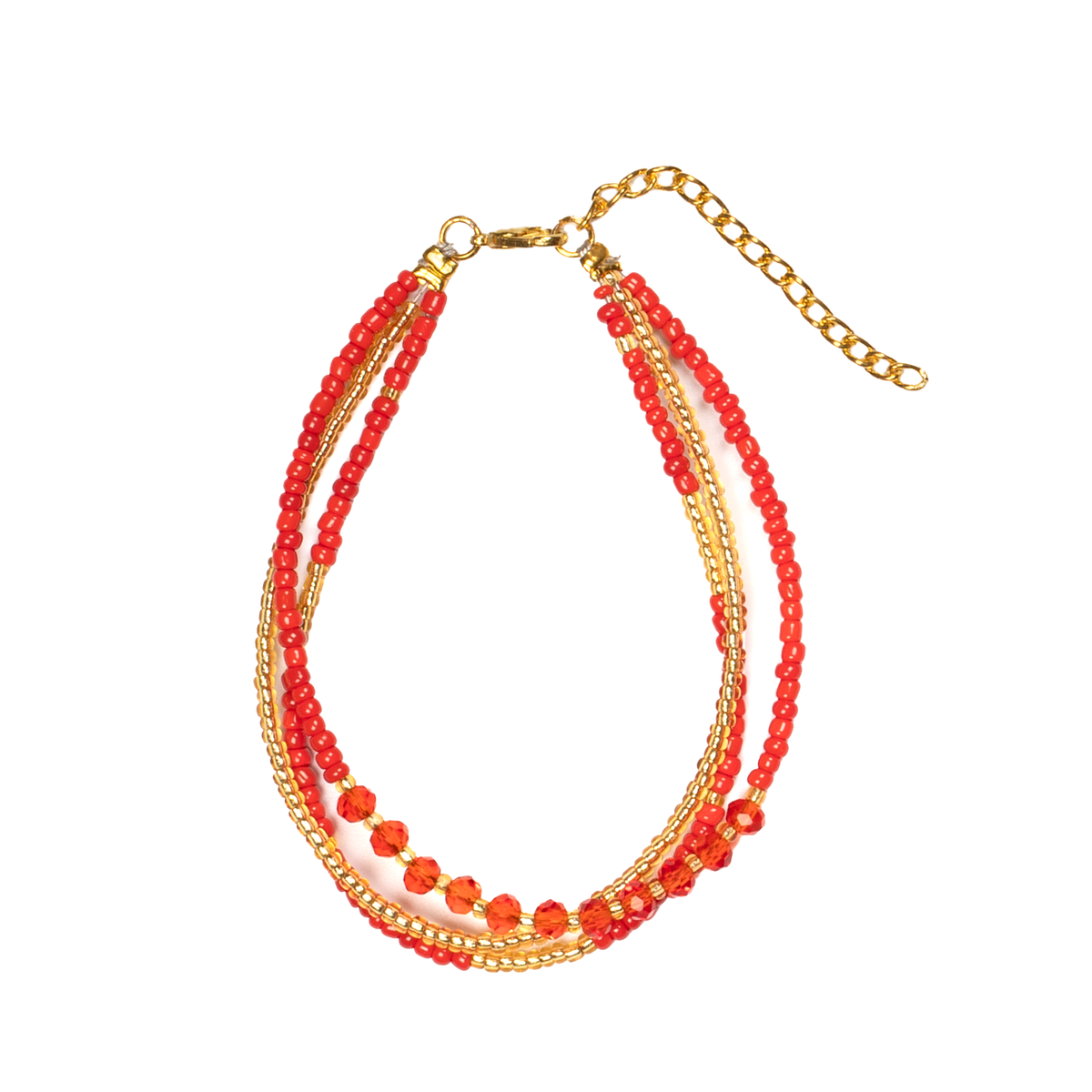 Bracelet trois rangs avec perles de cristal rouges et dorées