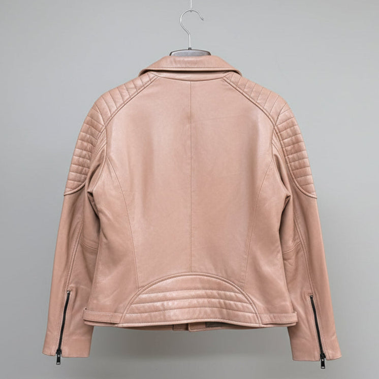 Blouson de motard pour femme en cuir d'agneau avec empiècements matelassés aux épaules