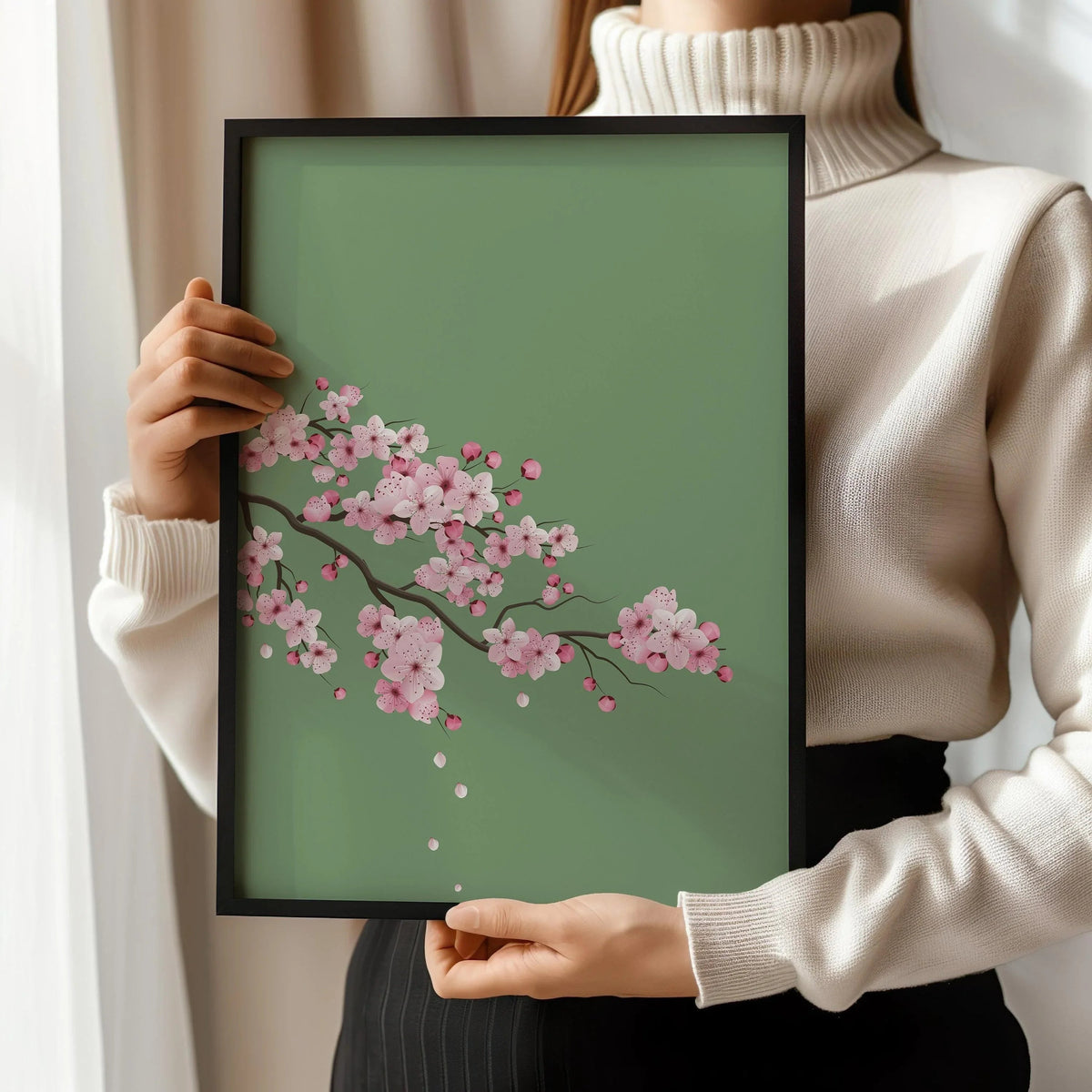 Cherry Blossoms with Emerald Green Background (available handframed ready to hang or unframed)