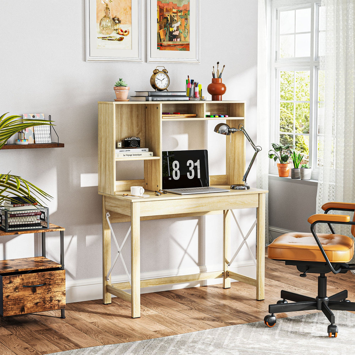 Sloan Computer Desk with Hutch and Storage Shelves-Oak