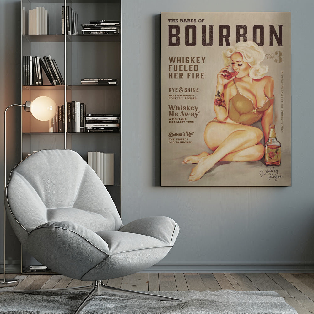 Blonde Whiskey Pinup Vintage Poster Canvas Wall Art | Babes of Bourbon Vol 3 Sexy Vintage Pin Up Girl Drinking Whiskey