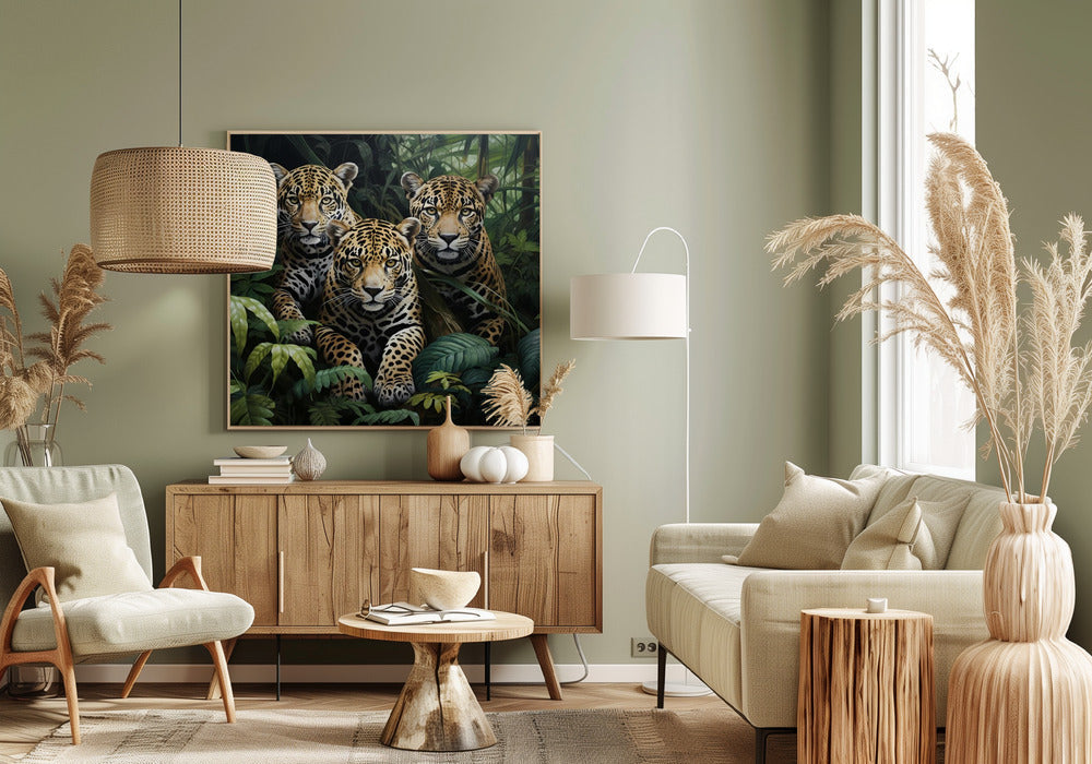 Three Jaguars amid Dense Jungle Leaves Canvas Wall Art
