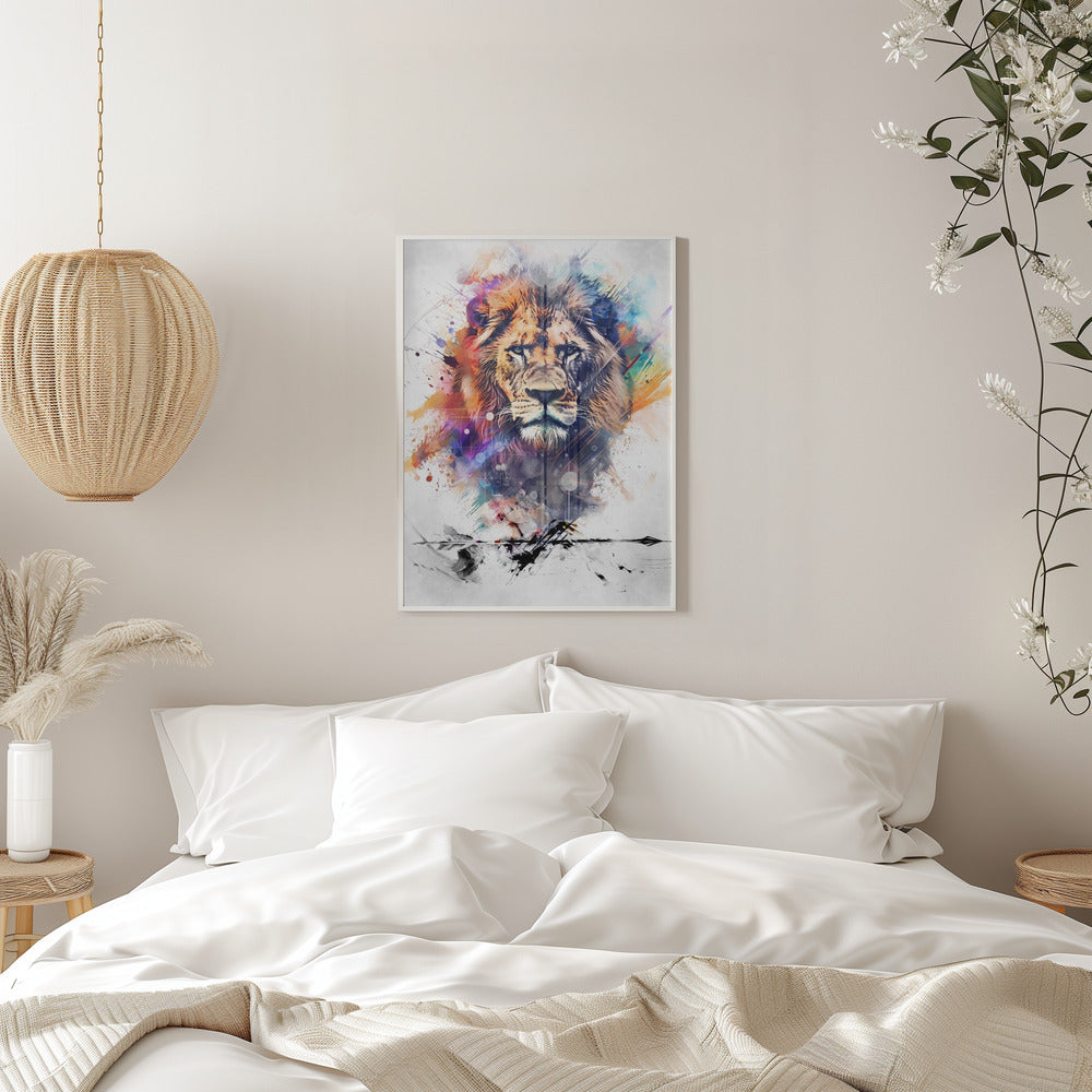 Expressive Multicoloured Lion Portrait Canvas Wall Art | Lion Poster Art 04