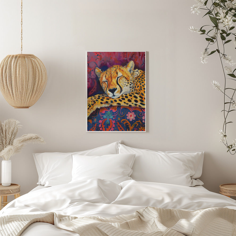 Resting Cheetah on Richly Patterned Fabric Canvas Wall Art