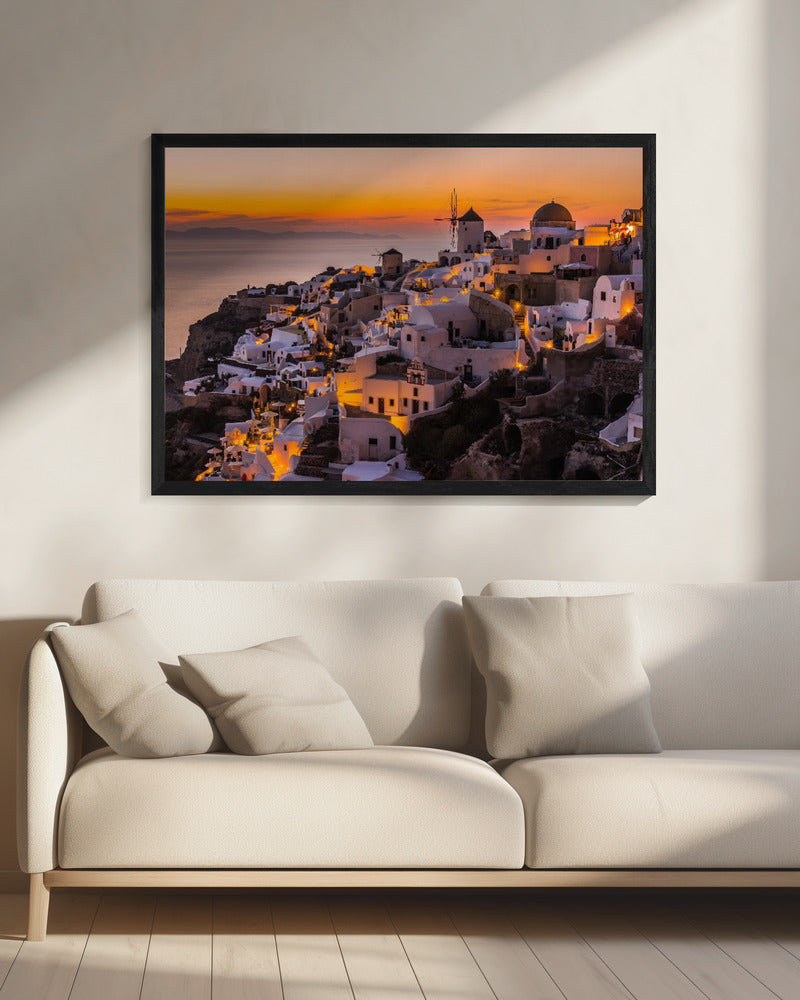 Santorini Village at Golden Sunset Canvas Wall Art | Calispera Santorini