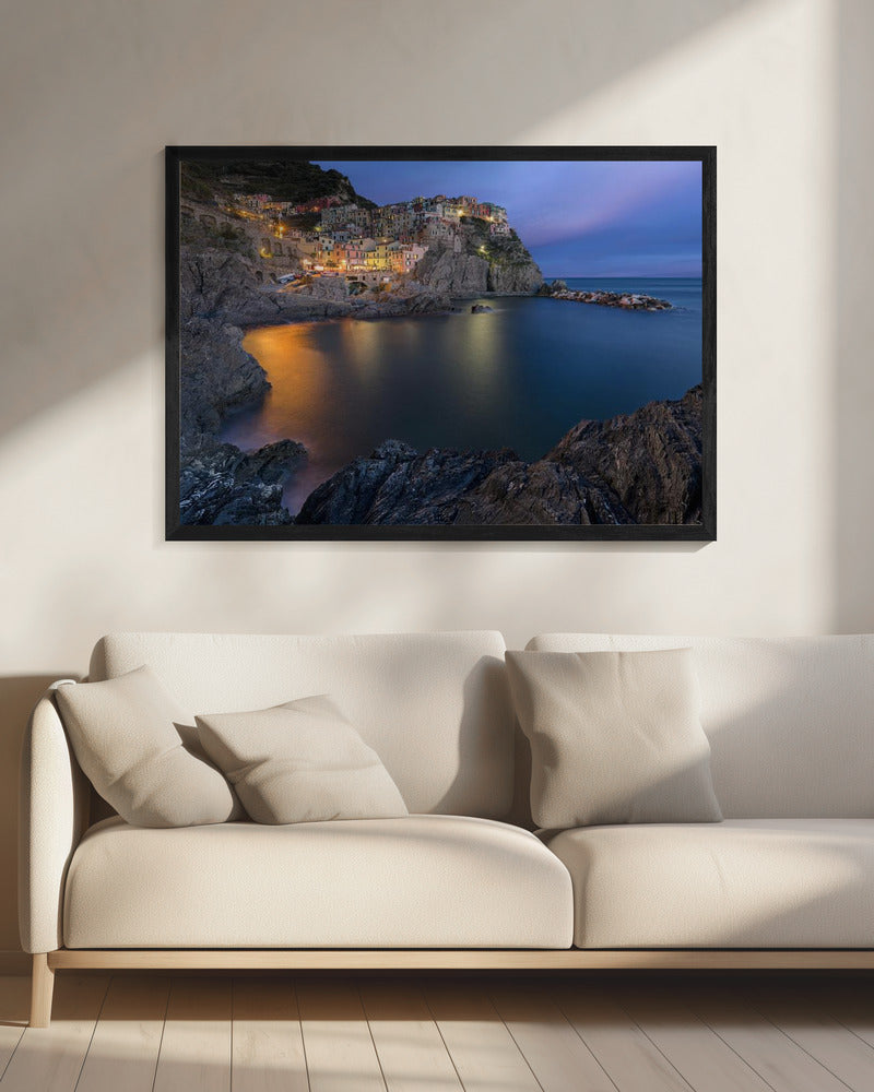 Manarola Coastal Village at Blue Hour Canvas Wall Art | Manarola Lifestyle