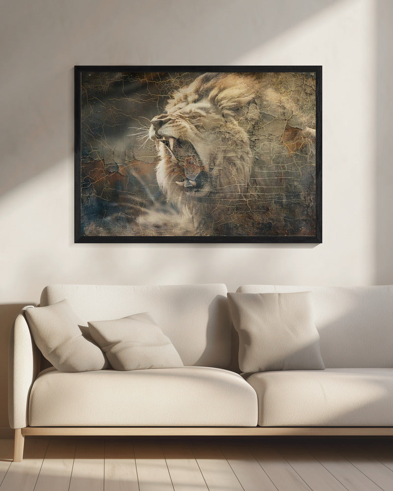 Roaring Lion in Weathered Earth Tones Canvas Wall Art | Lion Animal Vintage Art Illustration Wallart 09