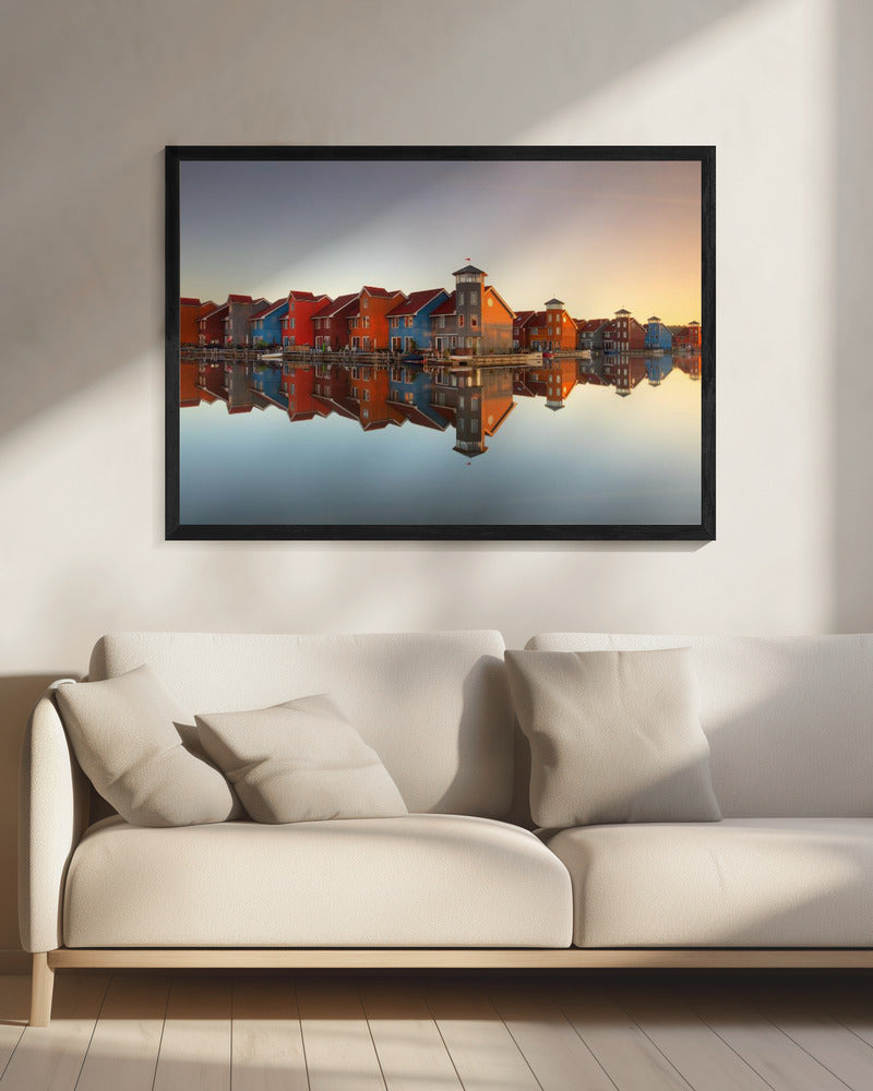 Colourful Waterfront Village Reflections Canvas Wall Art