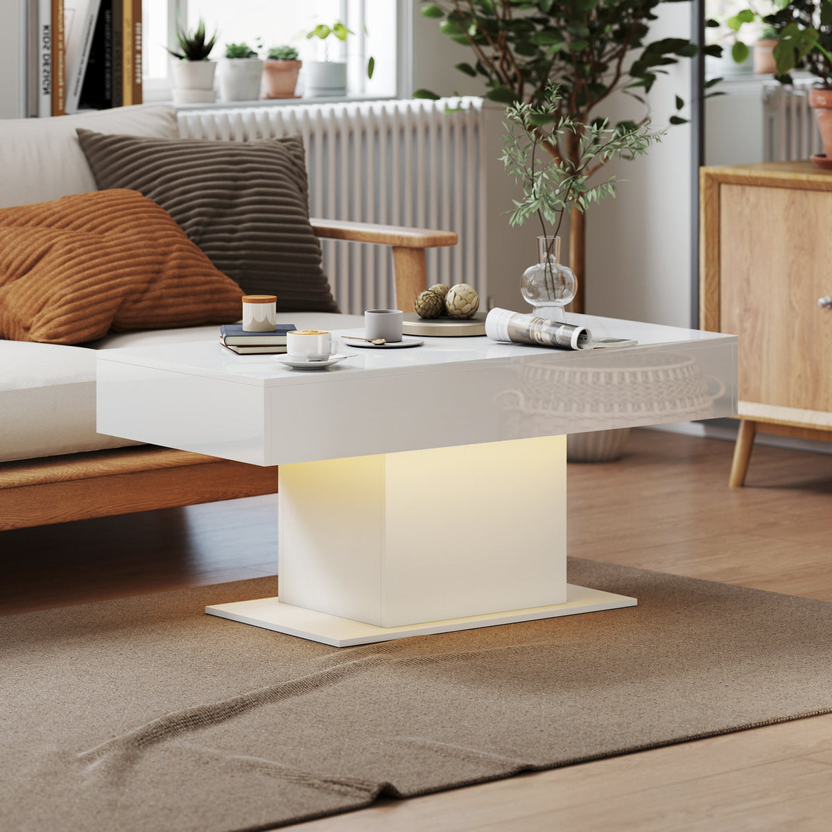 Halston Extendable Coffee Table with LED Lights and Hidden Storage-White